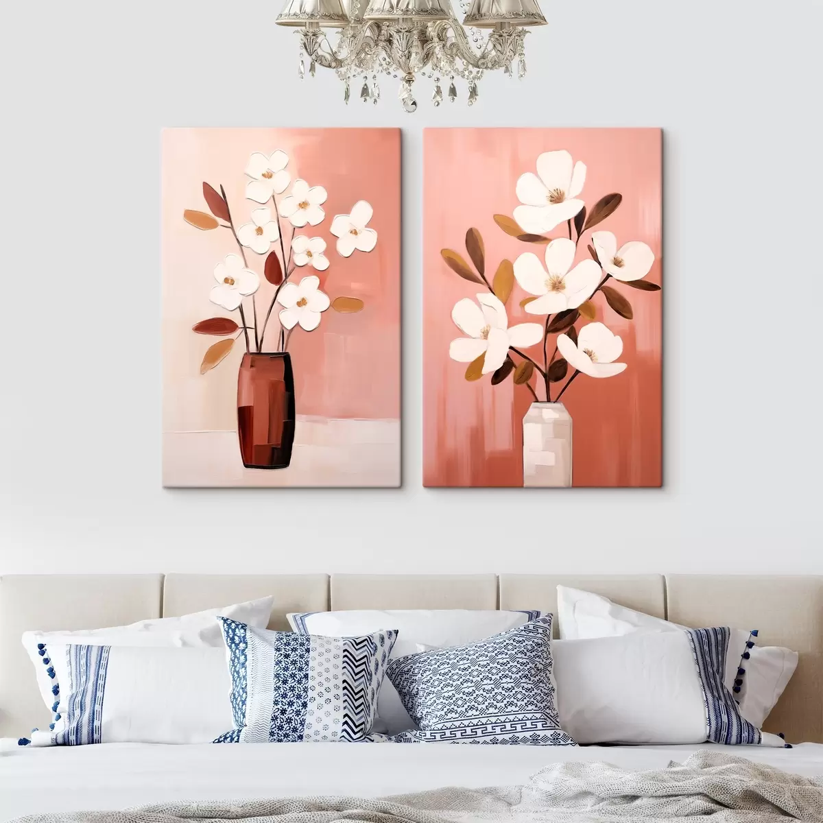 murales de pared Composición con jarrones contrastados y flores blancas texturizadas m00575