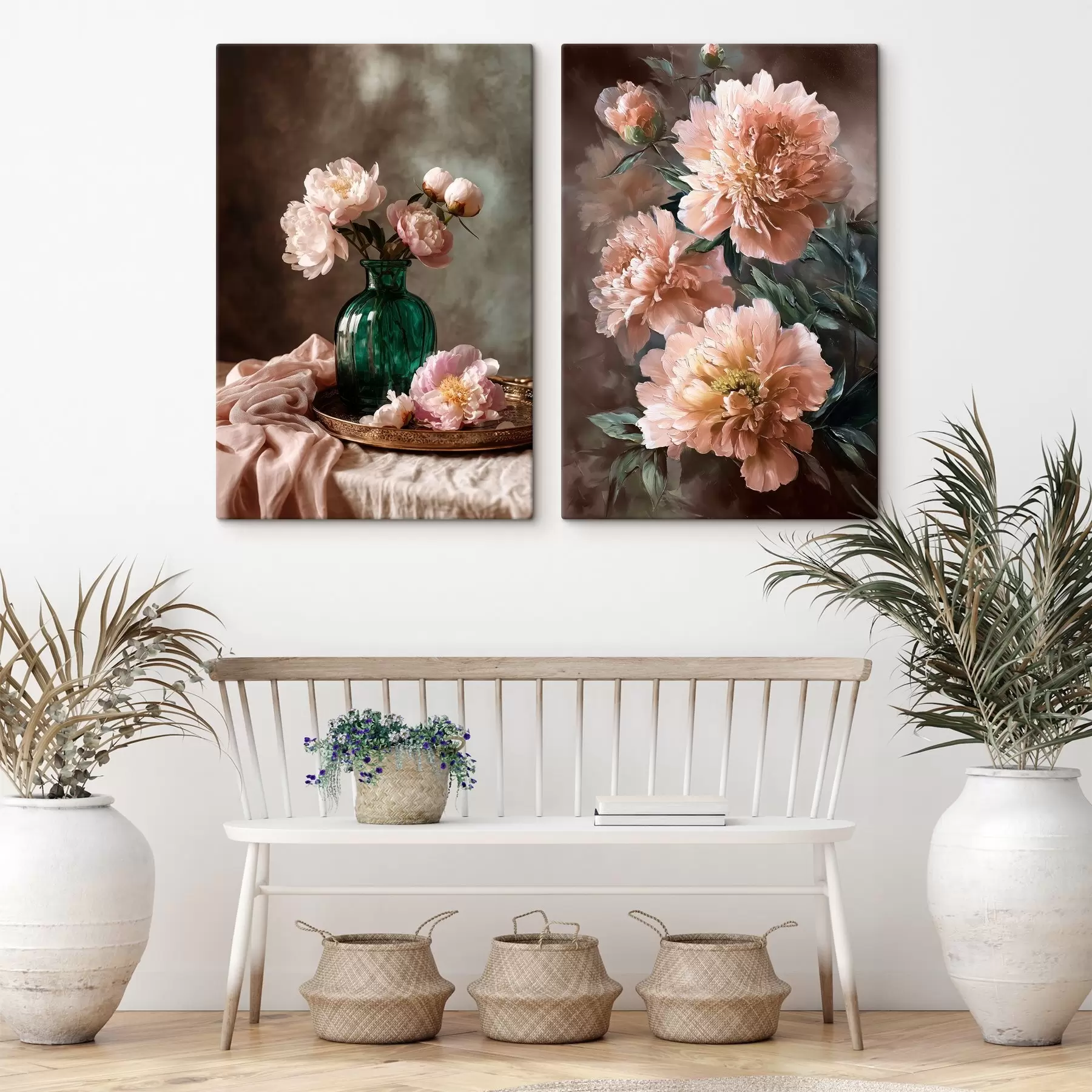 murales de pared Composición pareada con peonías rosas en jarrón y sobre lienzo m00578