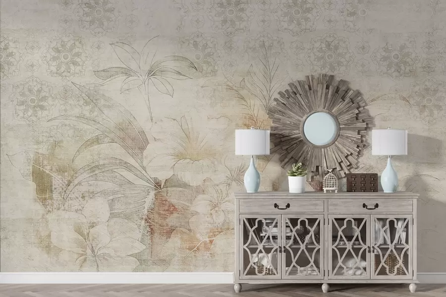 murales de pared Flores y hojas sobre fondo texturizado con adornos w04343