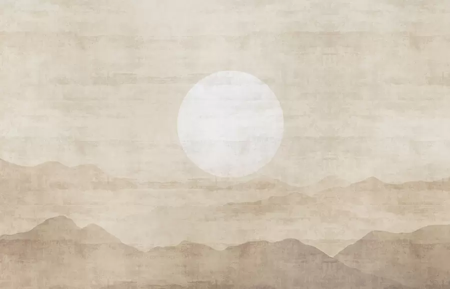 murales de pared Paisaje minimalista de montaña con un gran sol blanco w04345