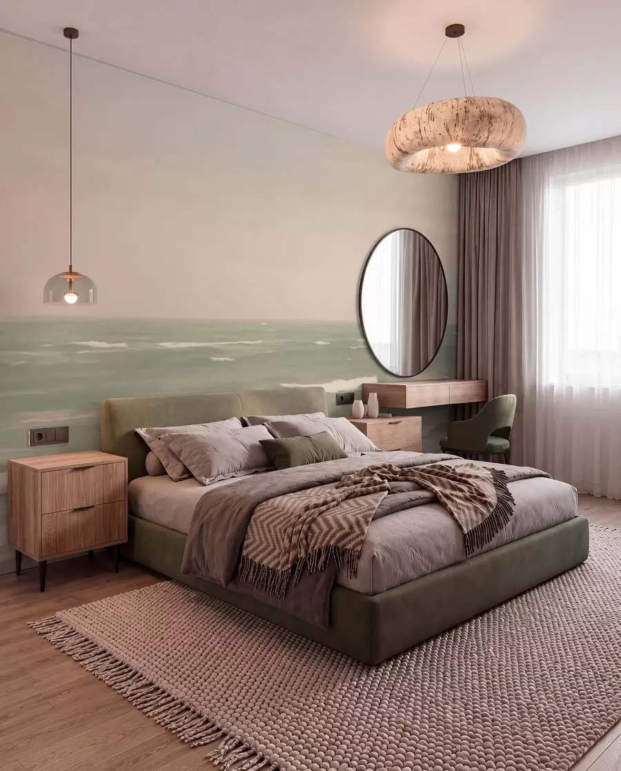 murales de pared Suave paisaje marino rosa verdoso con suaves olas w04348