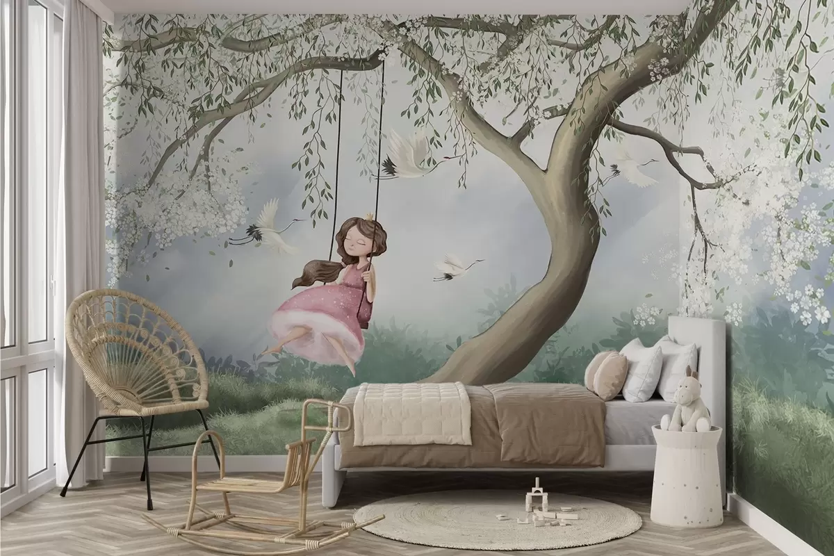 murales de pared Niña en columpio bajo árbol en flor con pájaros volando alrededor w04370