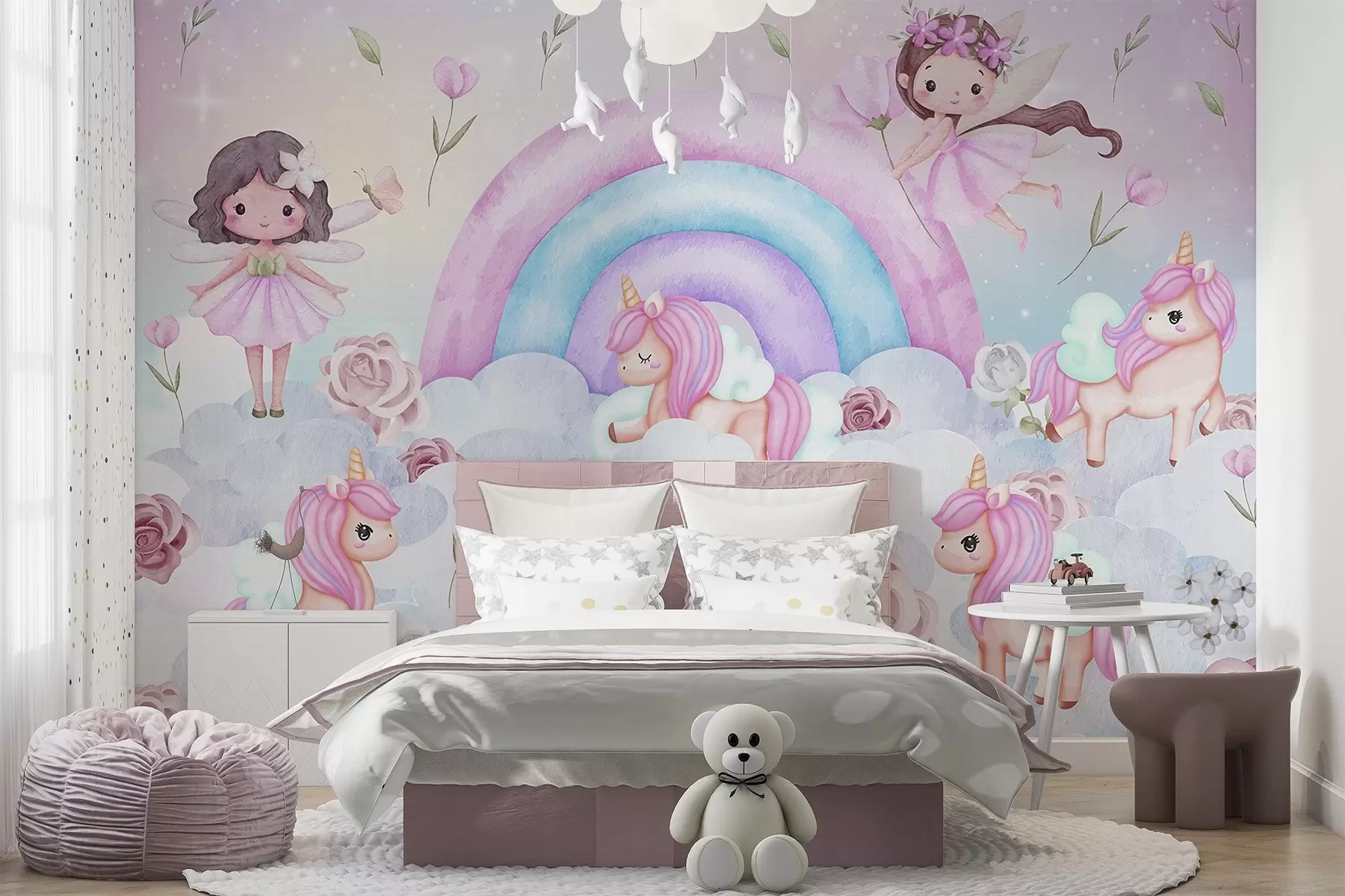 murales de pared Hadas y unicornios entre nubes y arco iris w04371