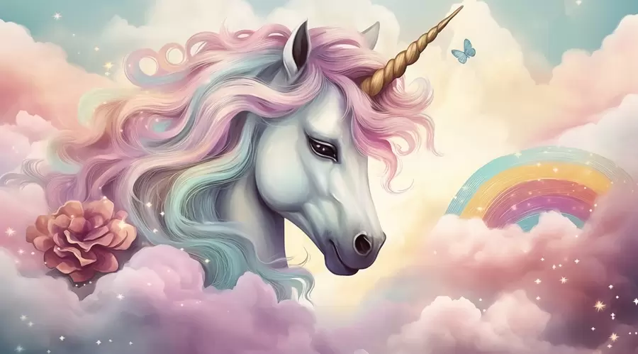 murales de pared Unicornio en un cielo nublado con arco iris w04372