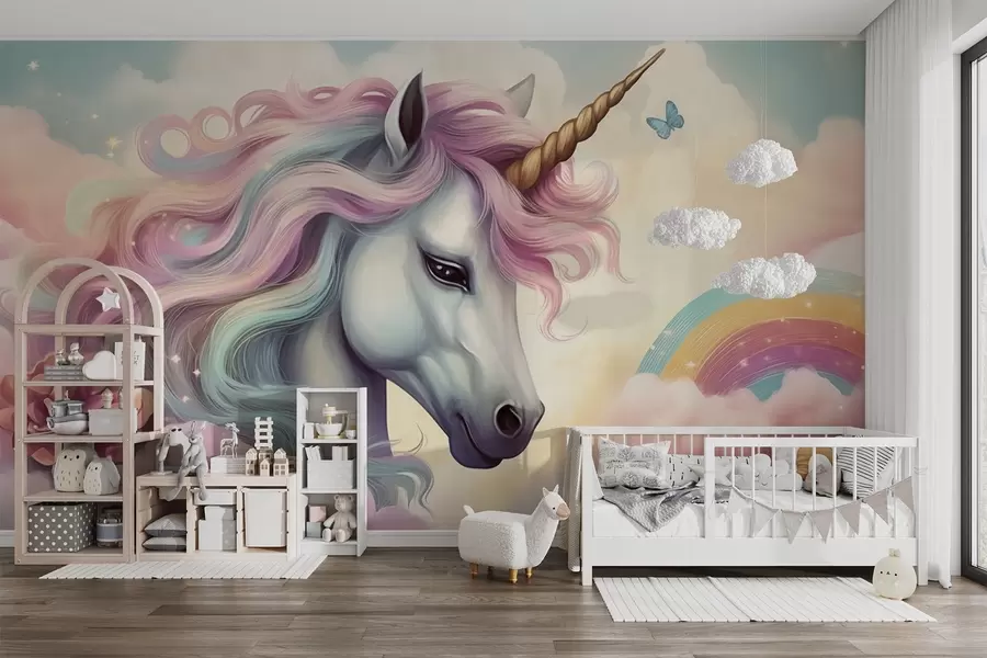 murales de pared Unicornio en un cielo nublado con arco iris w04372