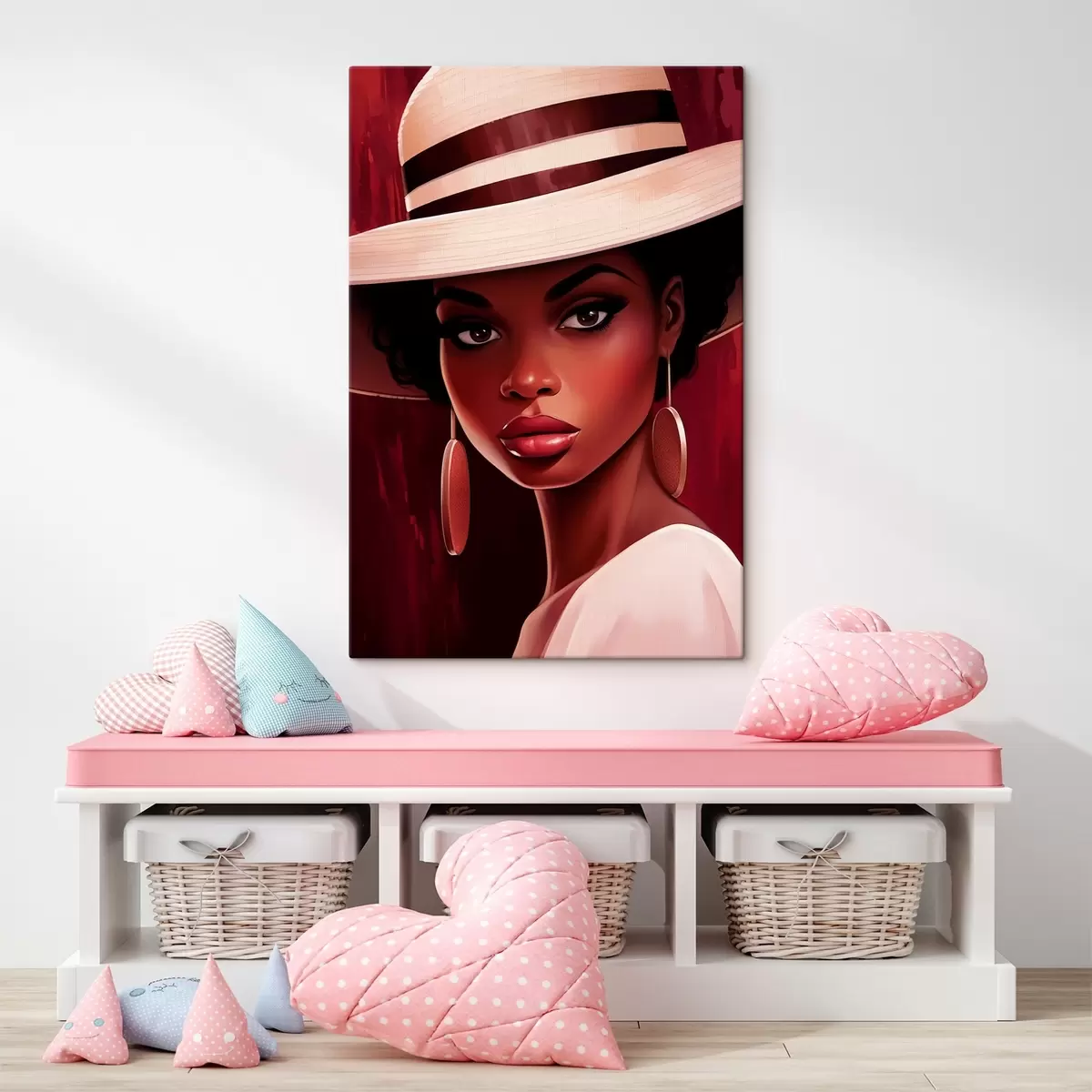 murales de pared Mujer con sombrero claro y pendientes redondos s45323