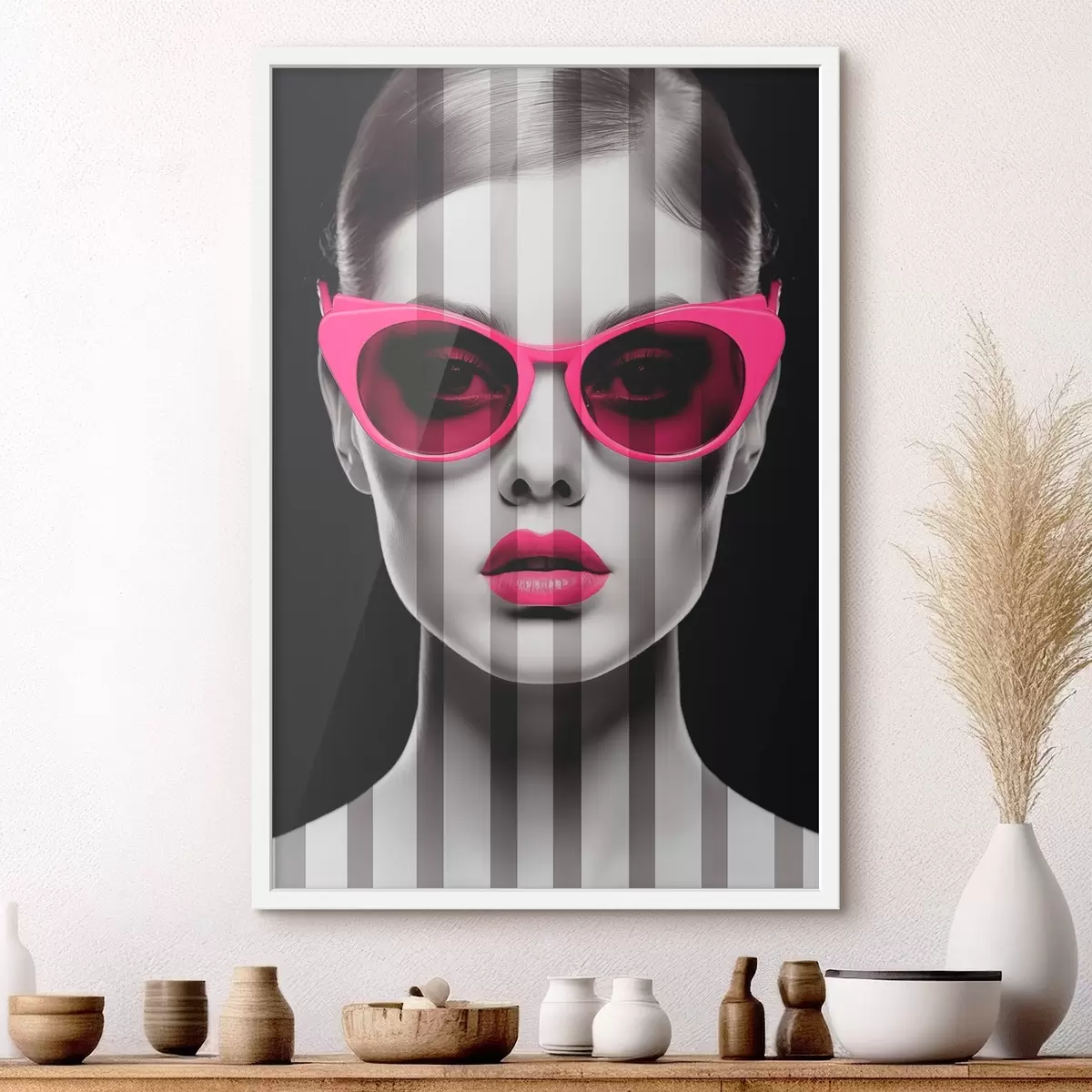 Poster Mujer con gafas rosas con rayas blancas y negras f45315