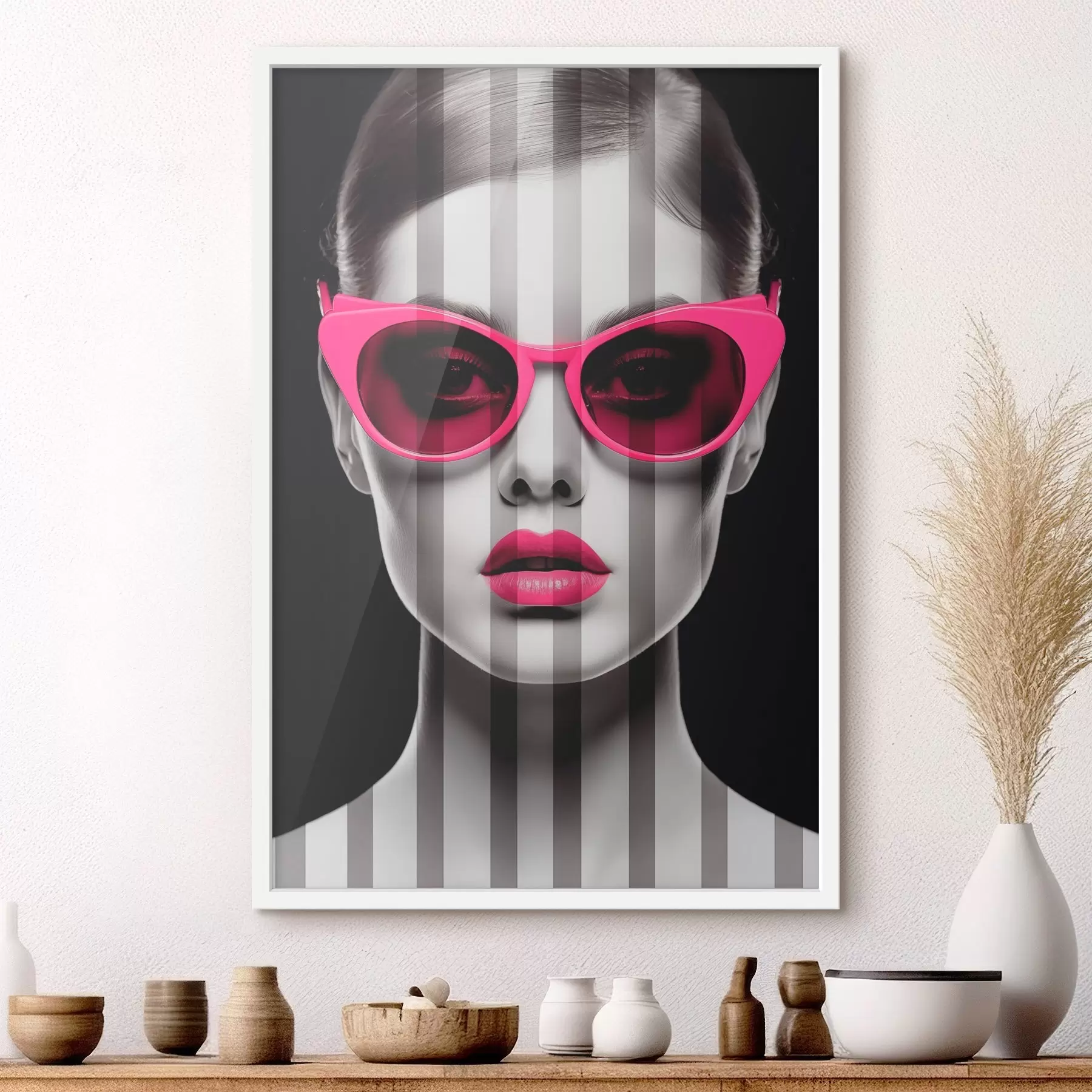 murales de pared Mujer con gafas rosas con rayas blancas y negras f45315