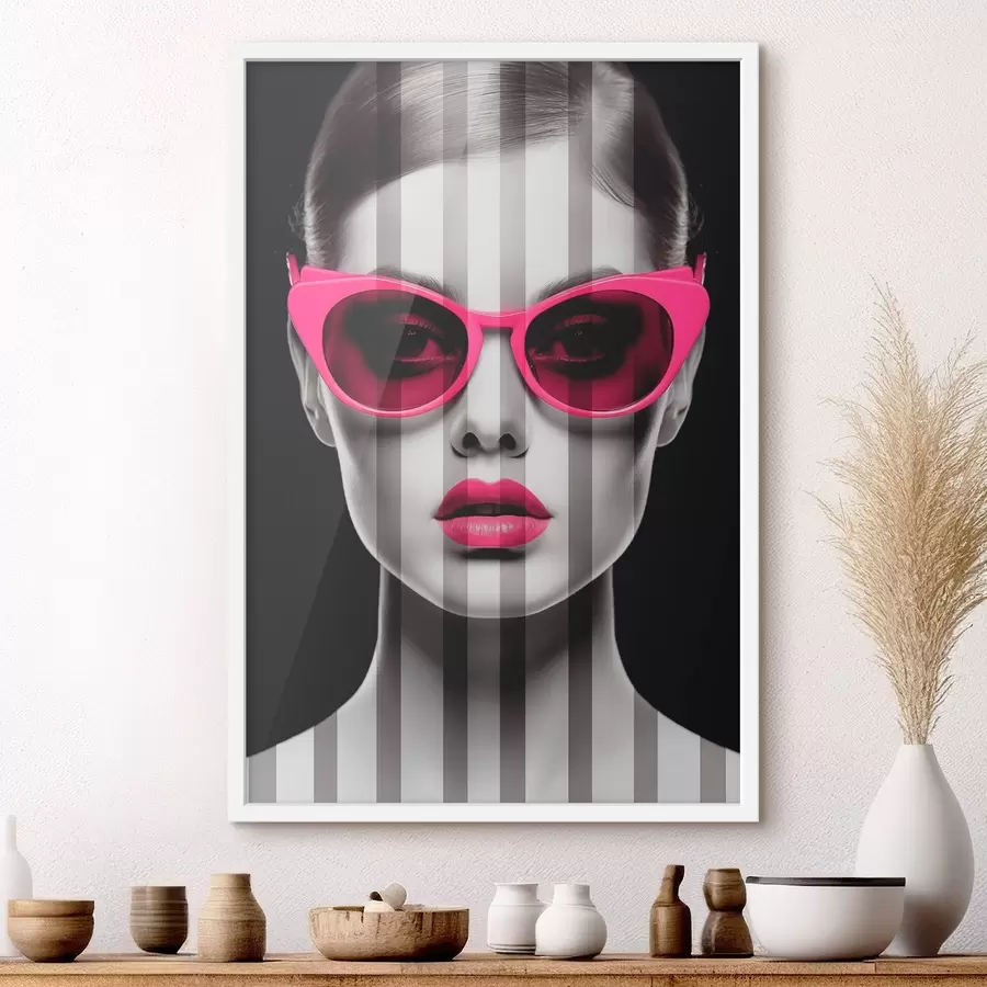 murales de pared Mujer con gafas rosas con rayas blancas y negras f45315