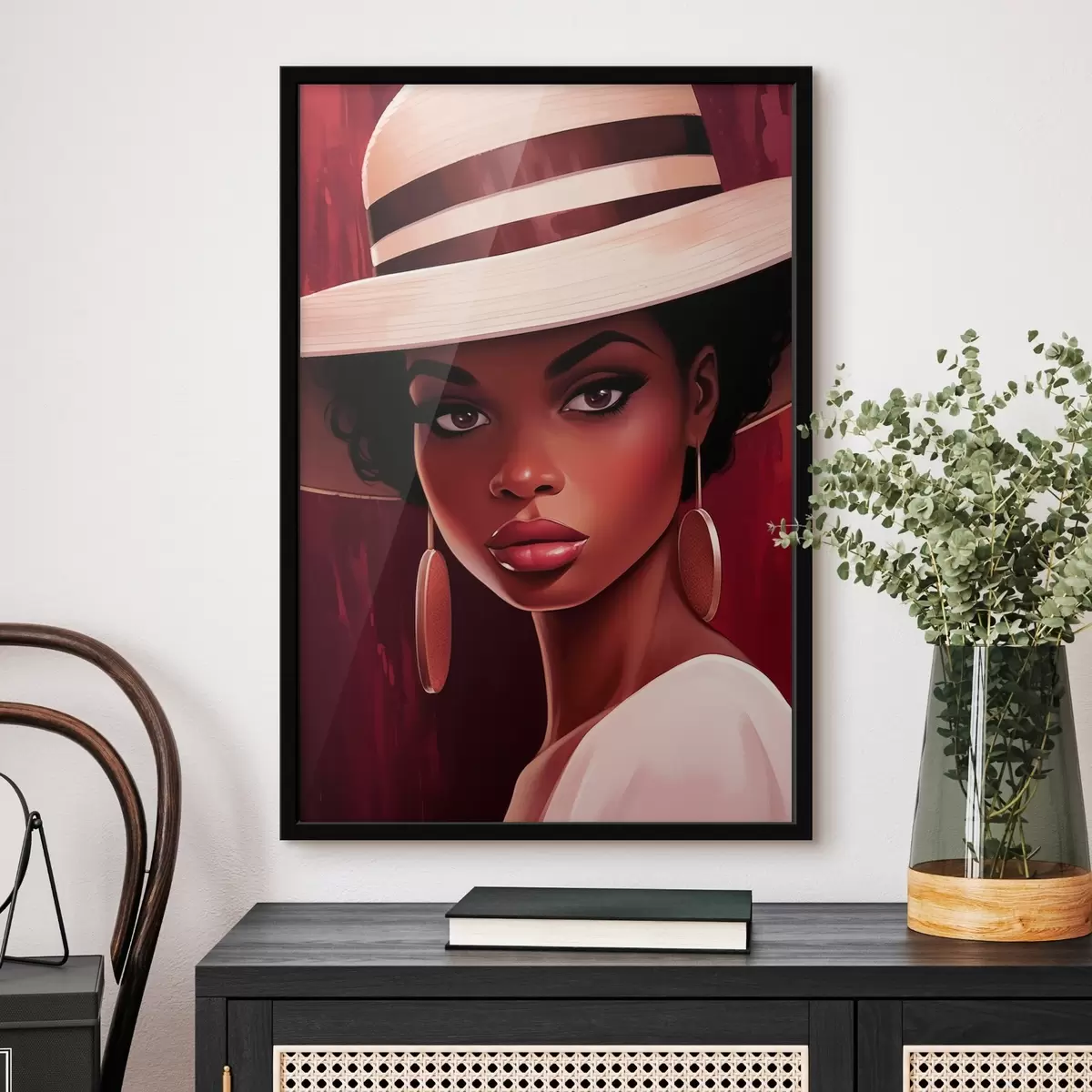 Poster Mujer con sombrero claro y pendientes redondos f45323