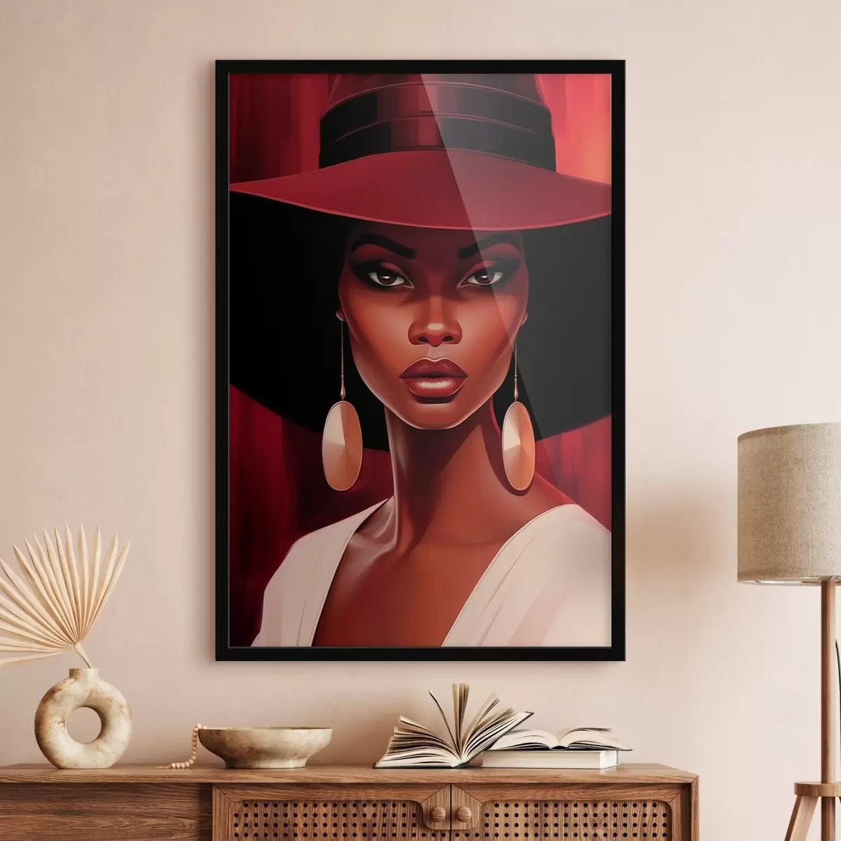Poster Mujer con sombrero y pendientes redondos f45325