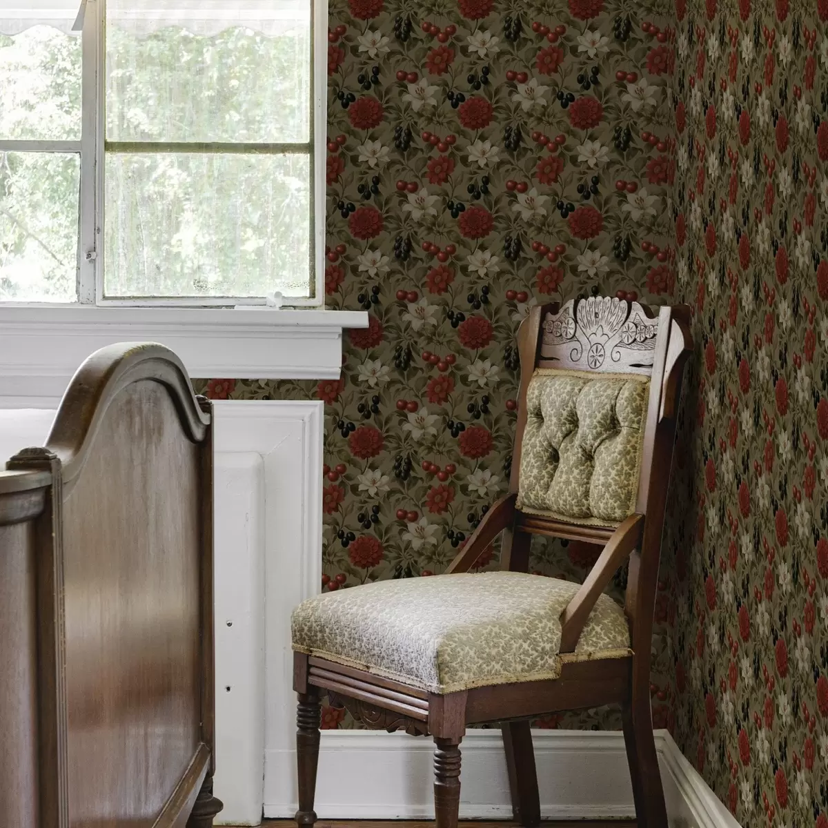 Papel pintado Cerezas, flores y aceitunas negras a00384