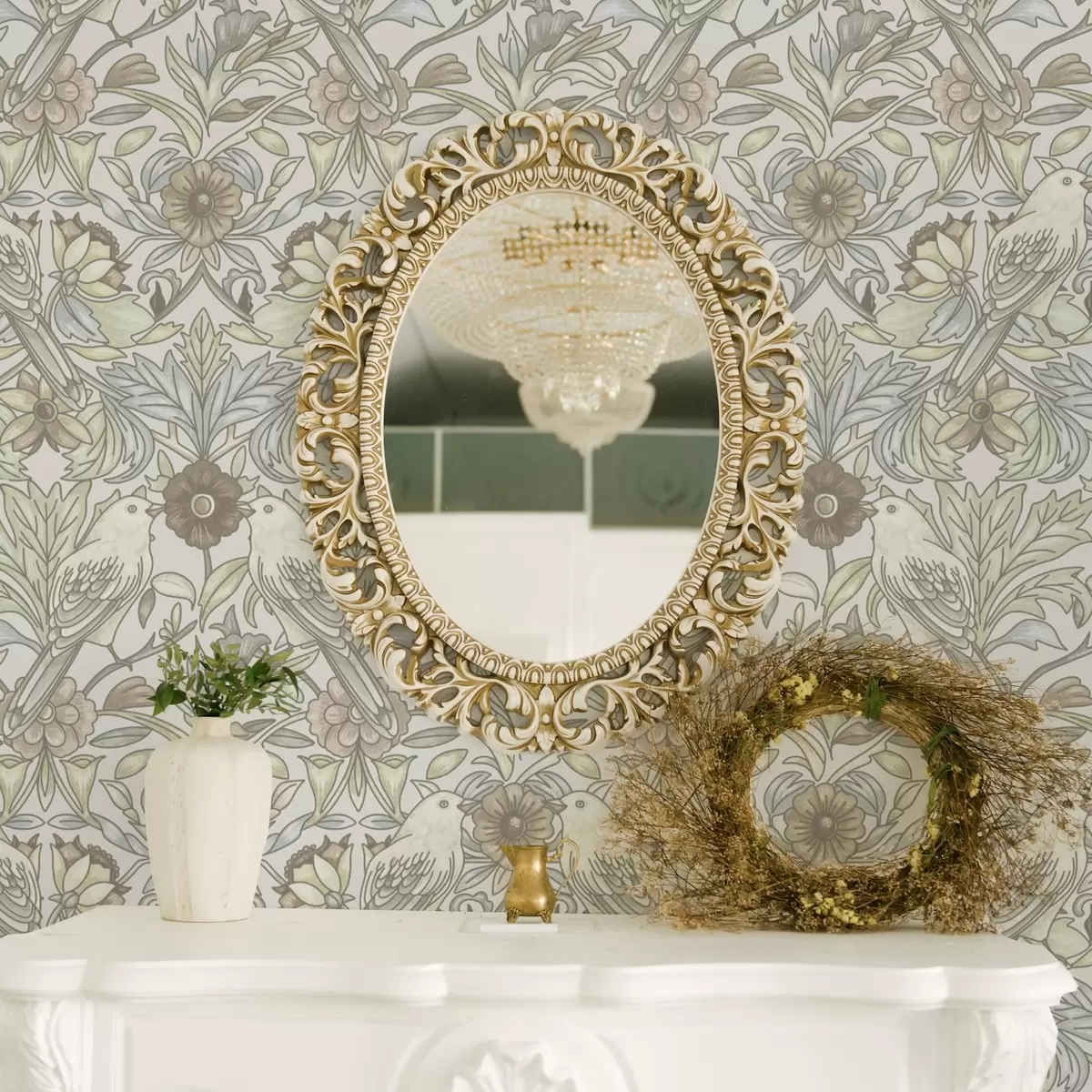 Papel pintado Pájaros Art Nouveau y flores estilizadas en pastel a00385