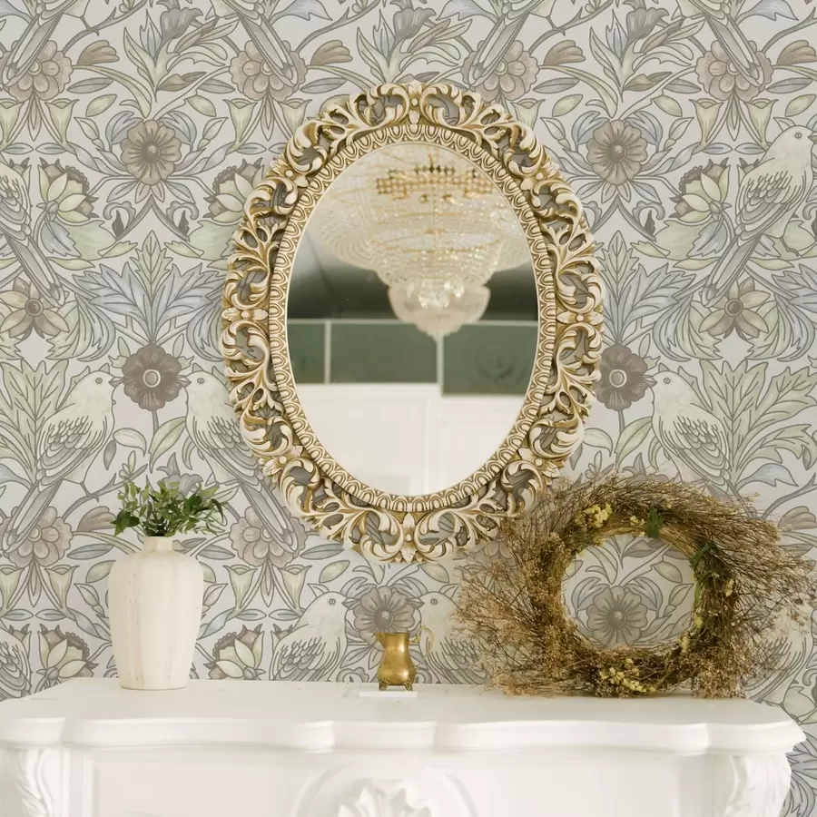 murales de pared Pájaros Art Nouveau y flores estilizadas en pastel a00385