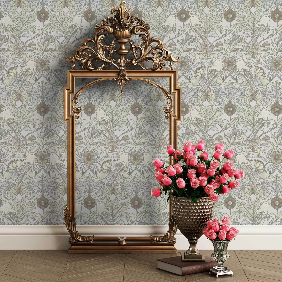 Papel pintado Pájaros Art Nouveau y flores estilizadas en pastel a00385