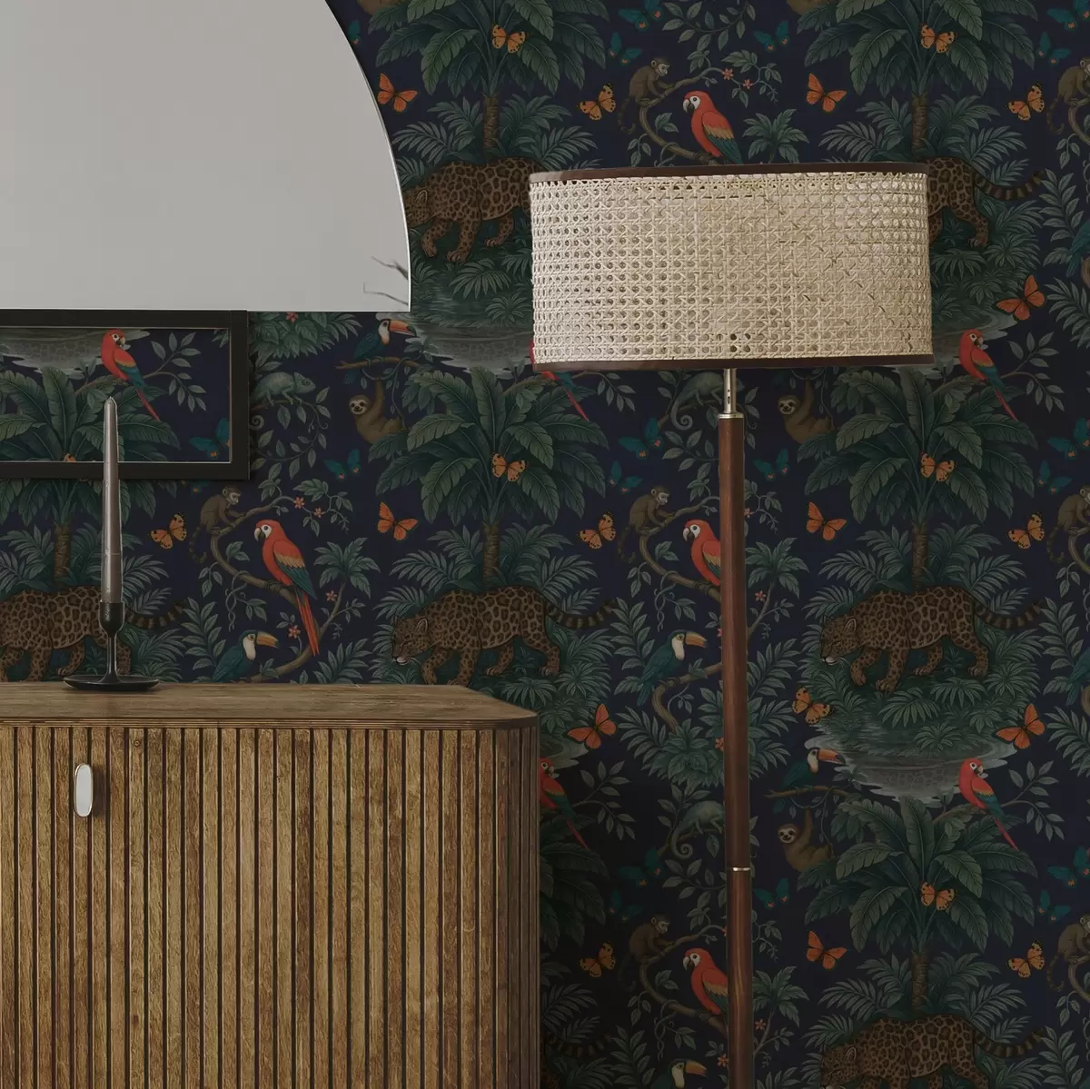 Papel pintado Selva tropical con leopardo, leopardo, loros y mariposas a00388