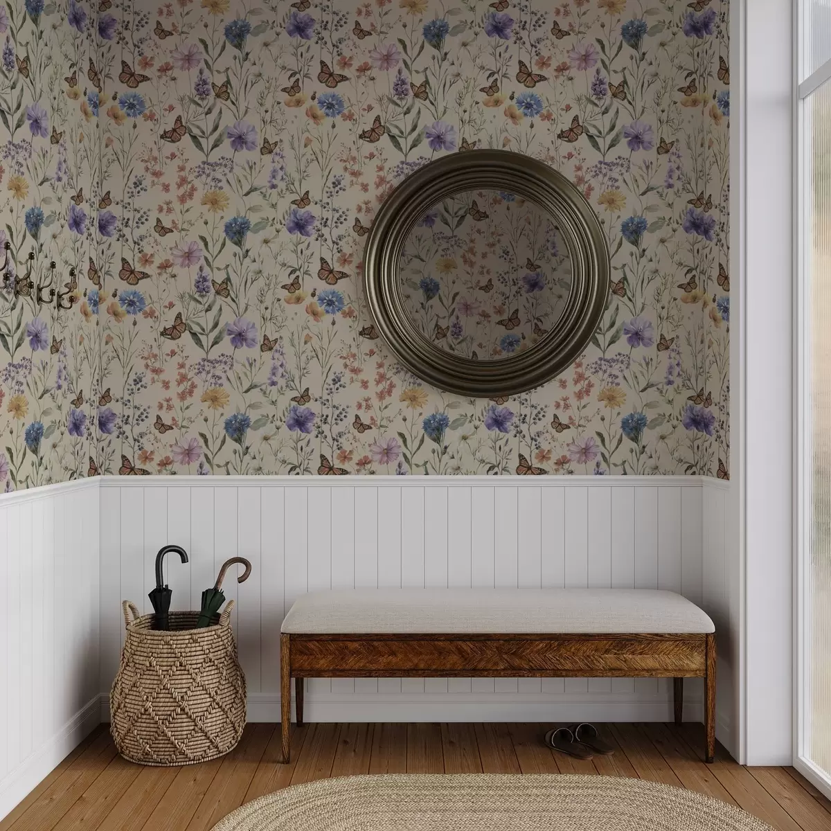 Papel pintado Flores silvestres y mariposas en suave acuarela a00389