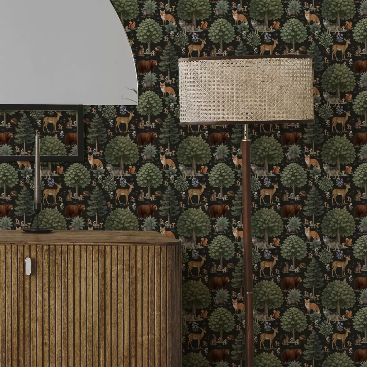 Papel pintado Animales del bosque en acuarela con árboles y setas a00391