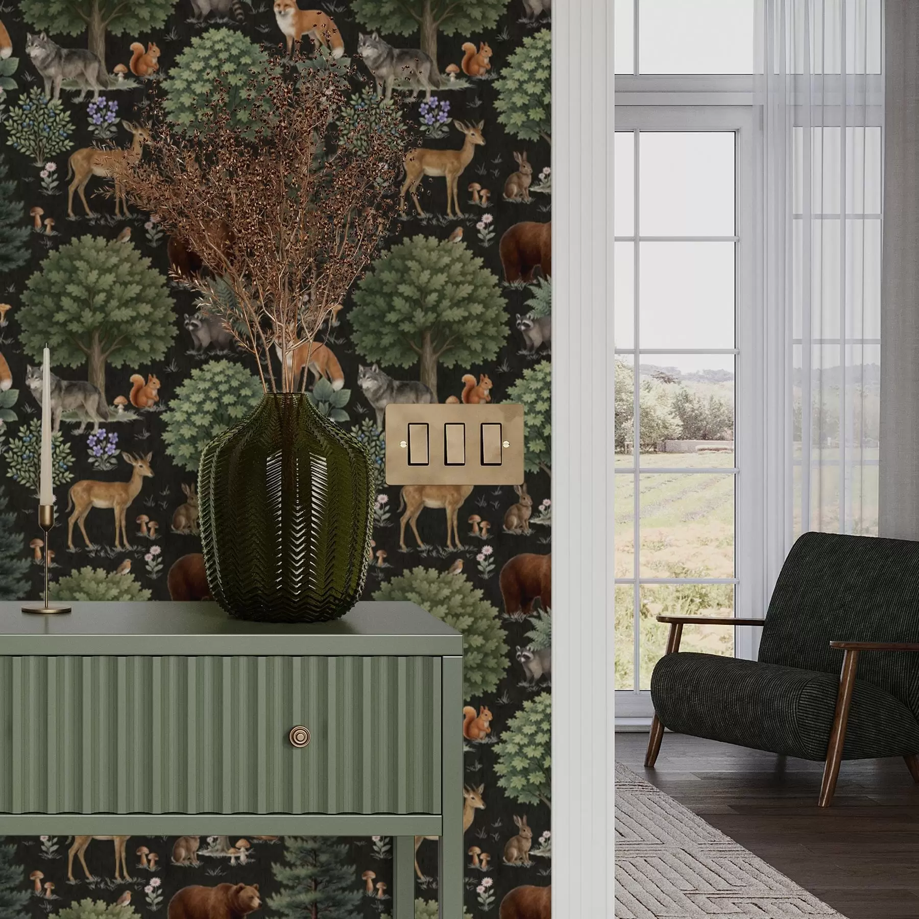 murales de pared Animales del bosque en acuarela con árboles y setas a00391