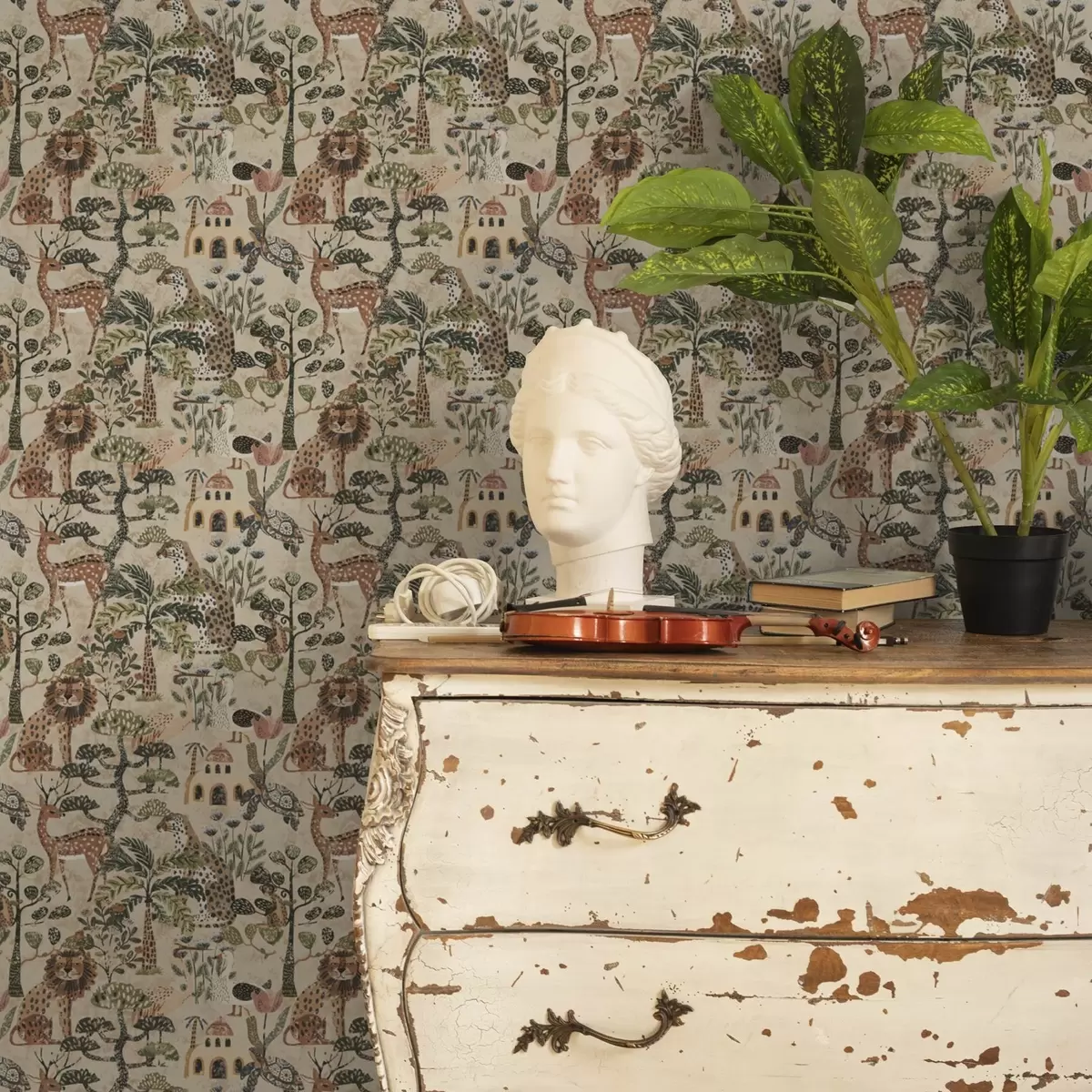 Papel pintado Animales de safari y hojas de sabana en cálidos tonos terrosos a00392