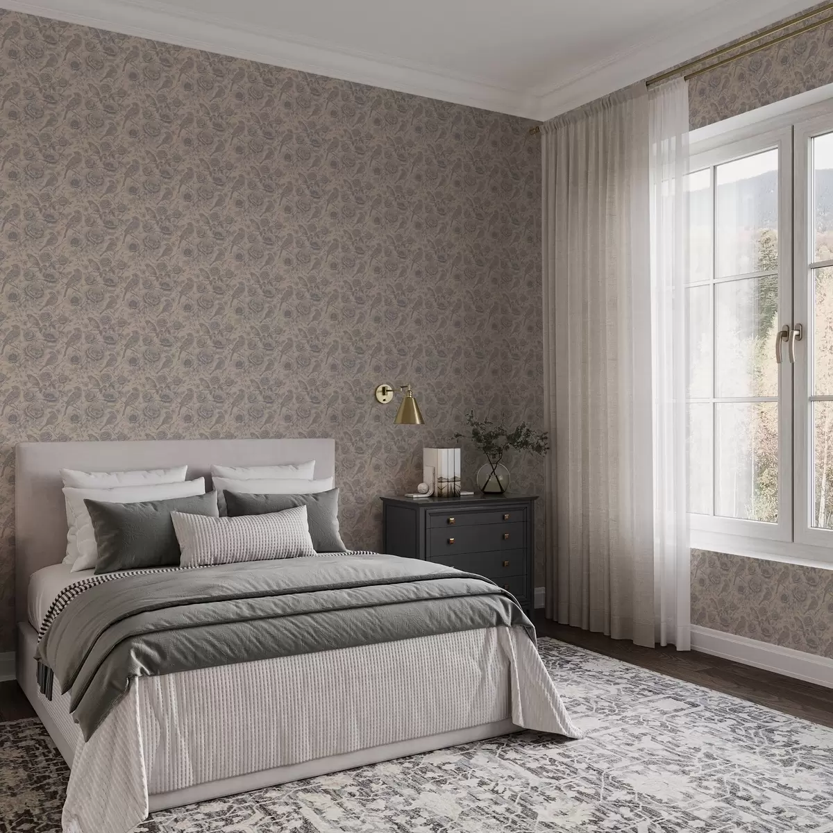 Papel pintado Pájaros y flores vintage sobre fondo beige suave a00423