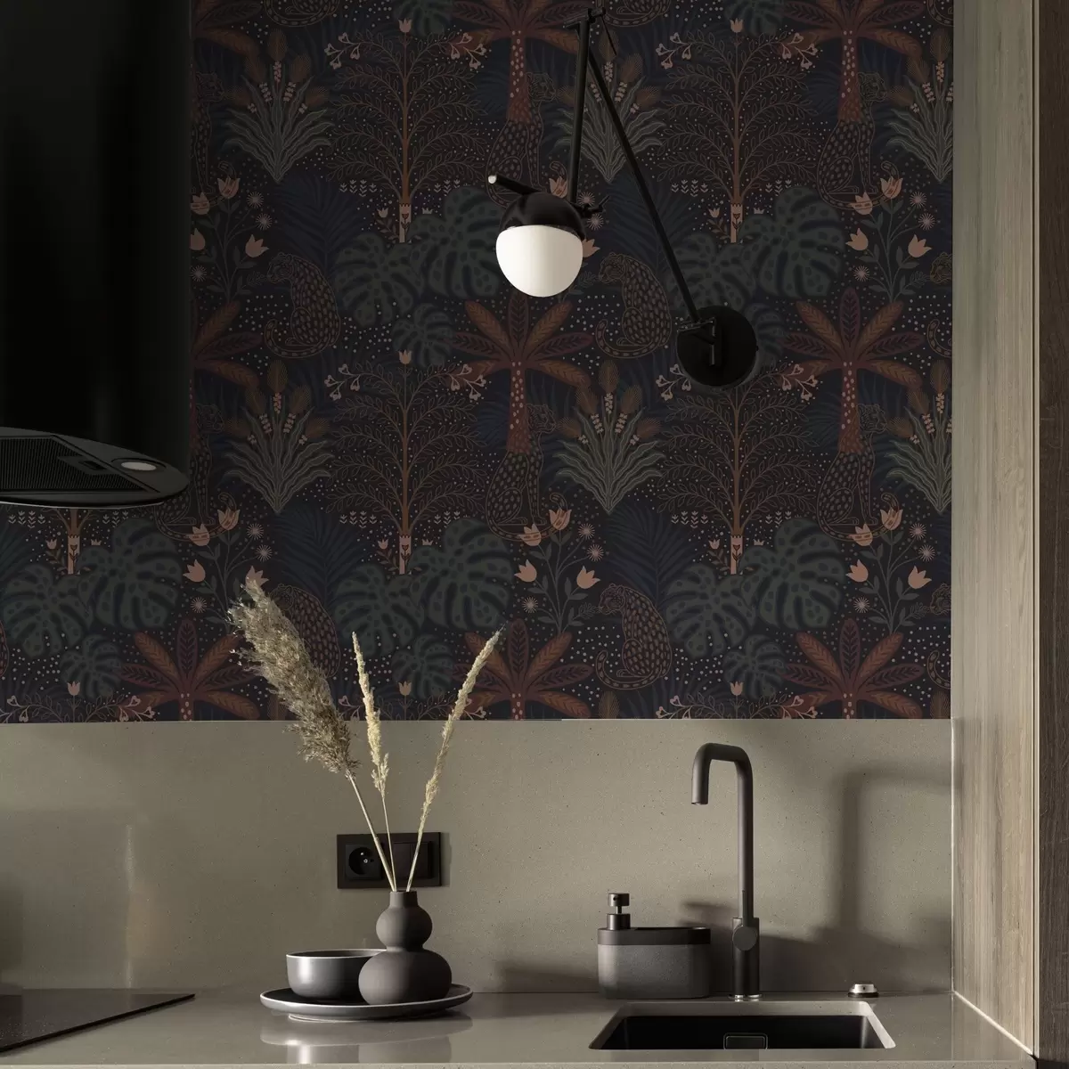 Papel pintado Selva oscura con leopardos palmeras y flores a00424