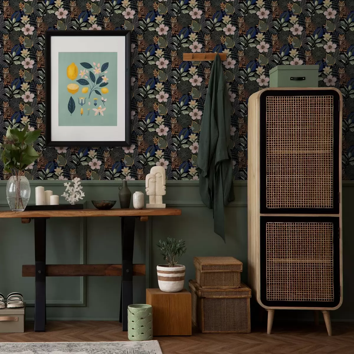 Papel pintado Tigres entre brillantes flores y hojas tropicales a00426