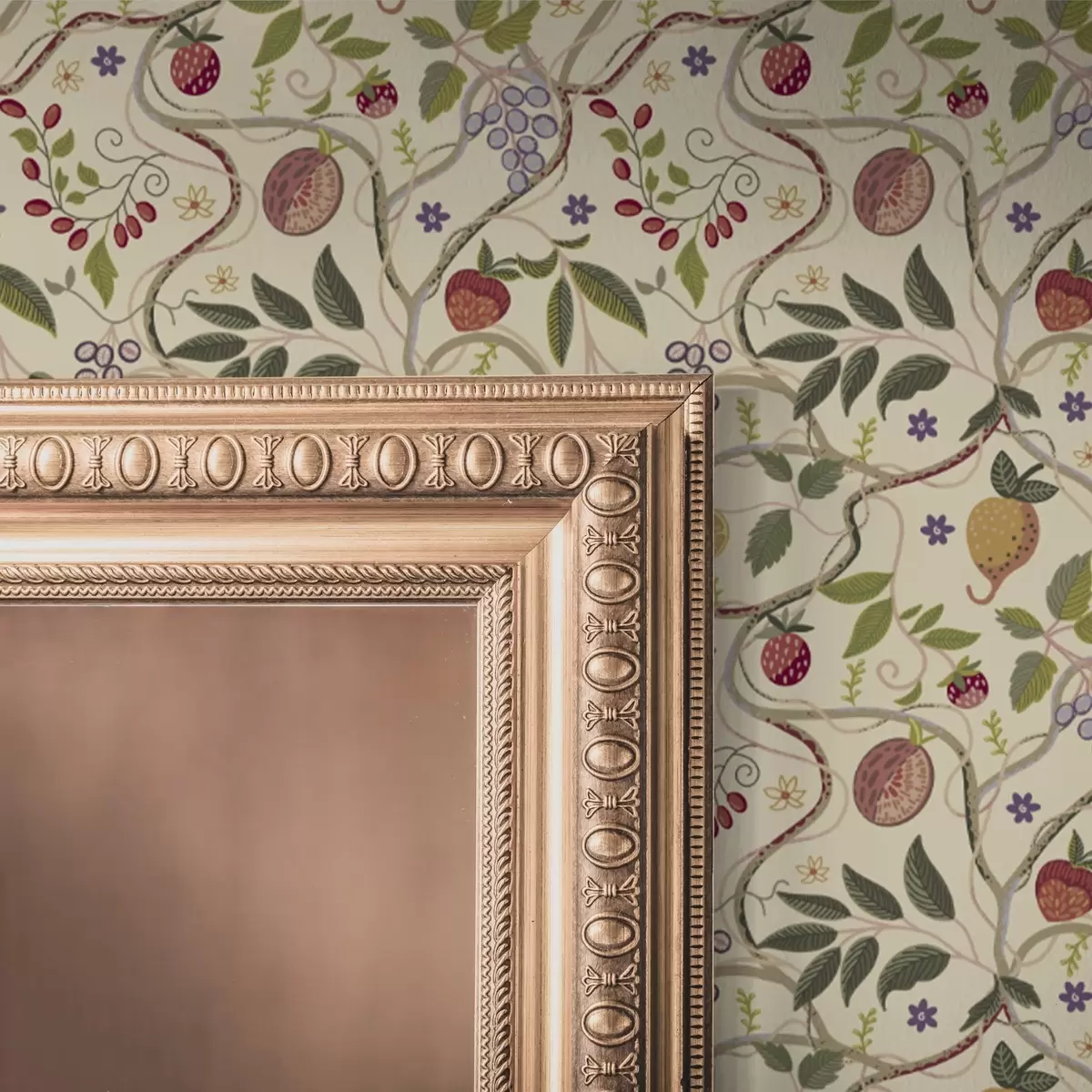 Papel pintado Motivo frutal con bayas, ramas y flores a00428