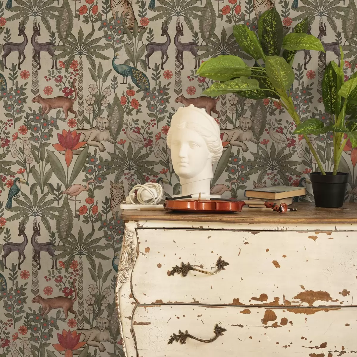 Papel pintado Estilo retro: Animales y flores sobre fondo vintage a00431