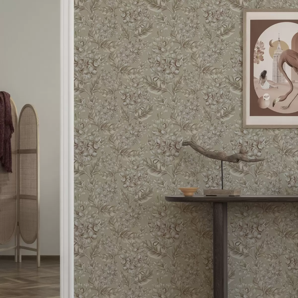 Papel pintado Ramas beige con flores blancas en tonos cálidos a00441