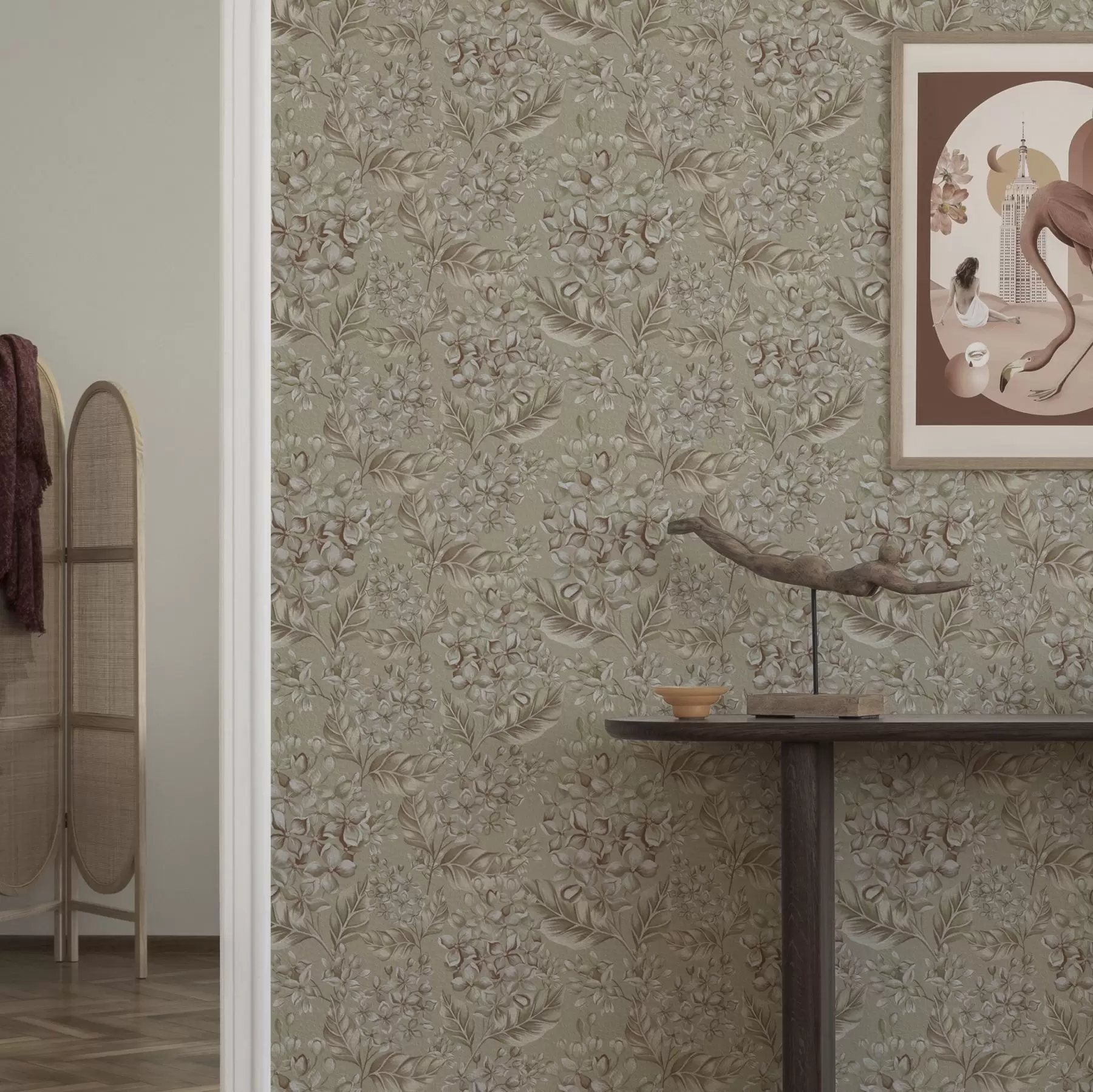 murales de pared Ramas beige con flores blancas en tonos cálidos a00441