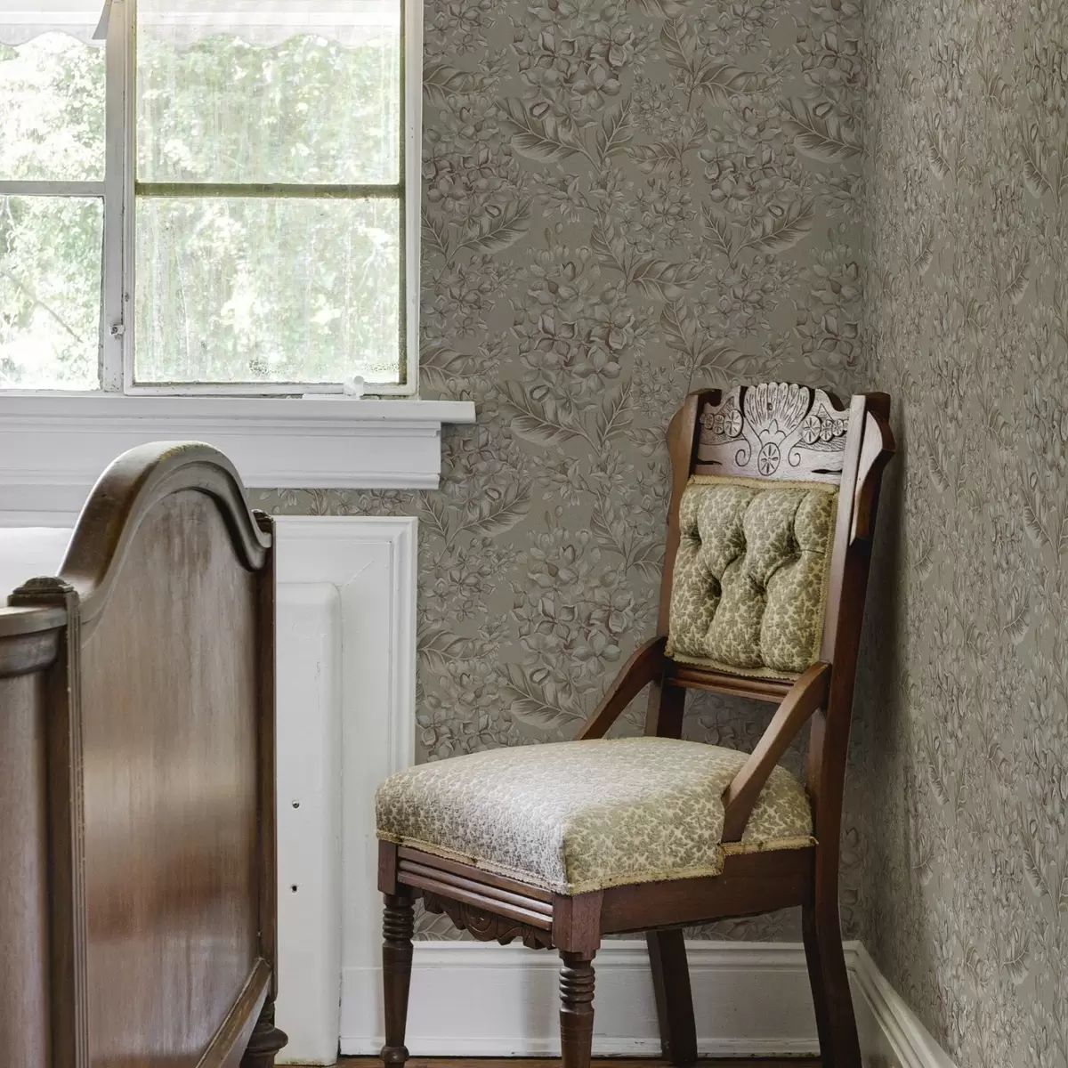 Papel pintado Ramas beige con flores blancas en tonos cálidos a00441