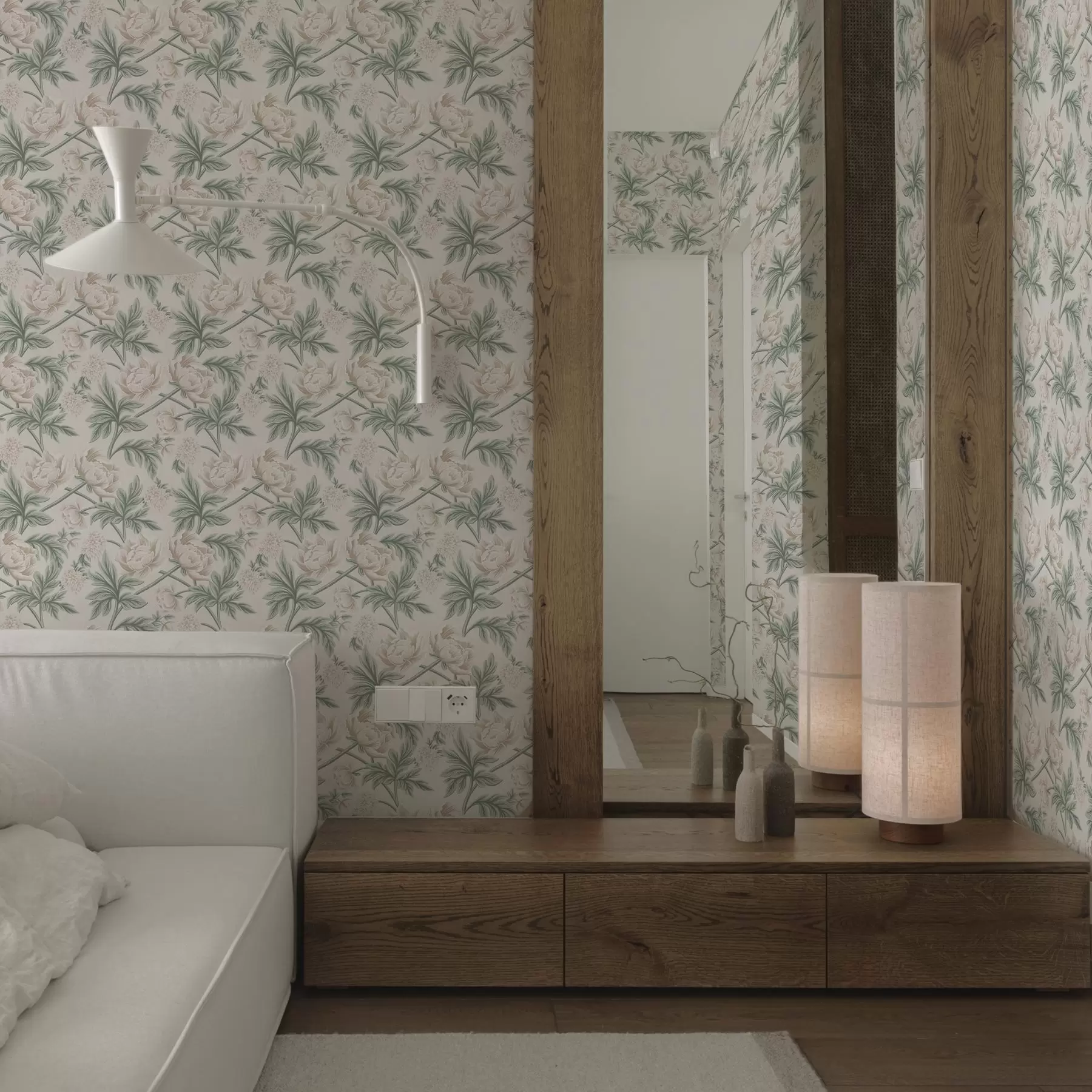 murales de pared Exuberantes peonías en beige claro y verde beige y verde a00445