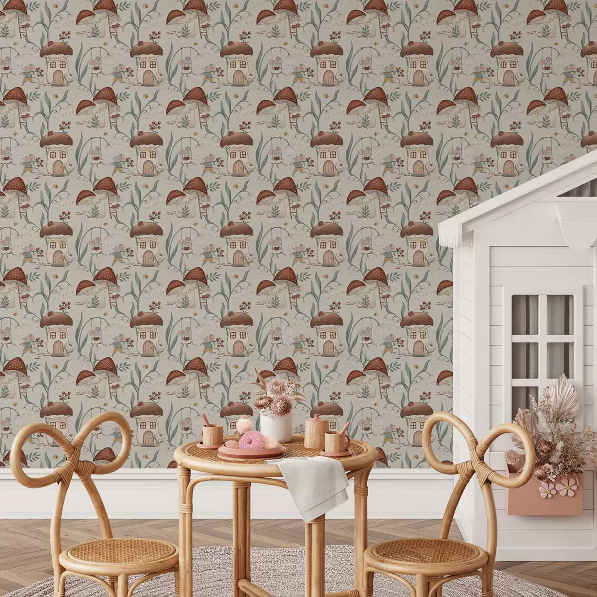 Papel pintado Simpáticos ratones y setas sobre el fondo de un elegante paisaje forestal a00450