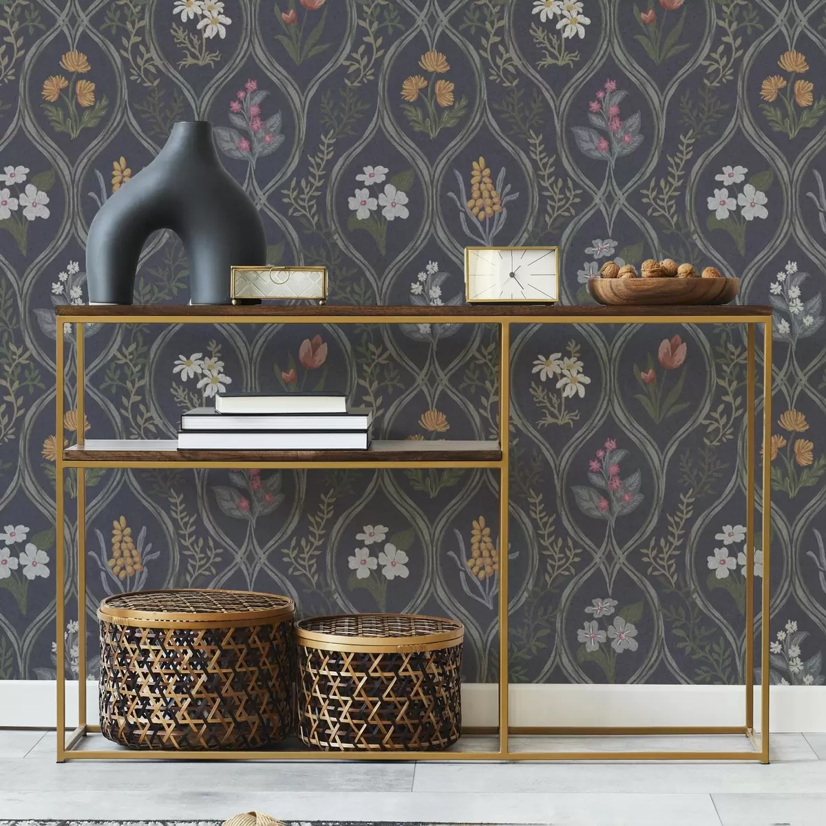 Papel pintado Marco vintage oscuro con coloridas flores de jardín a00454