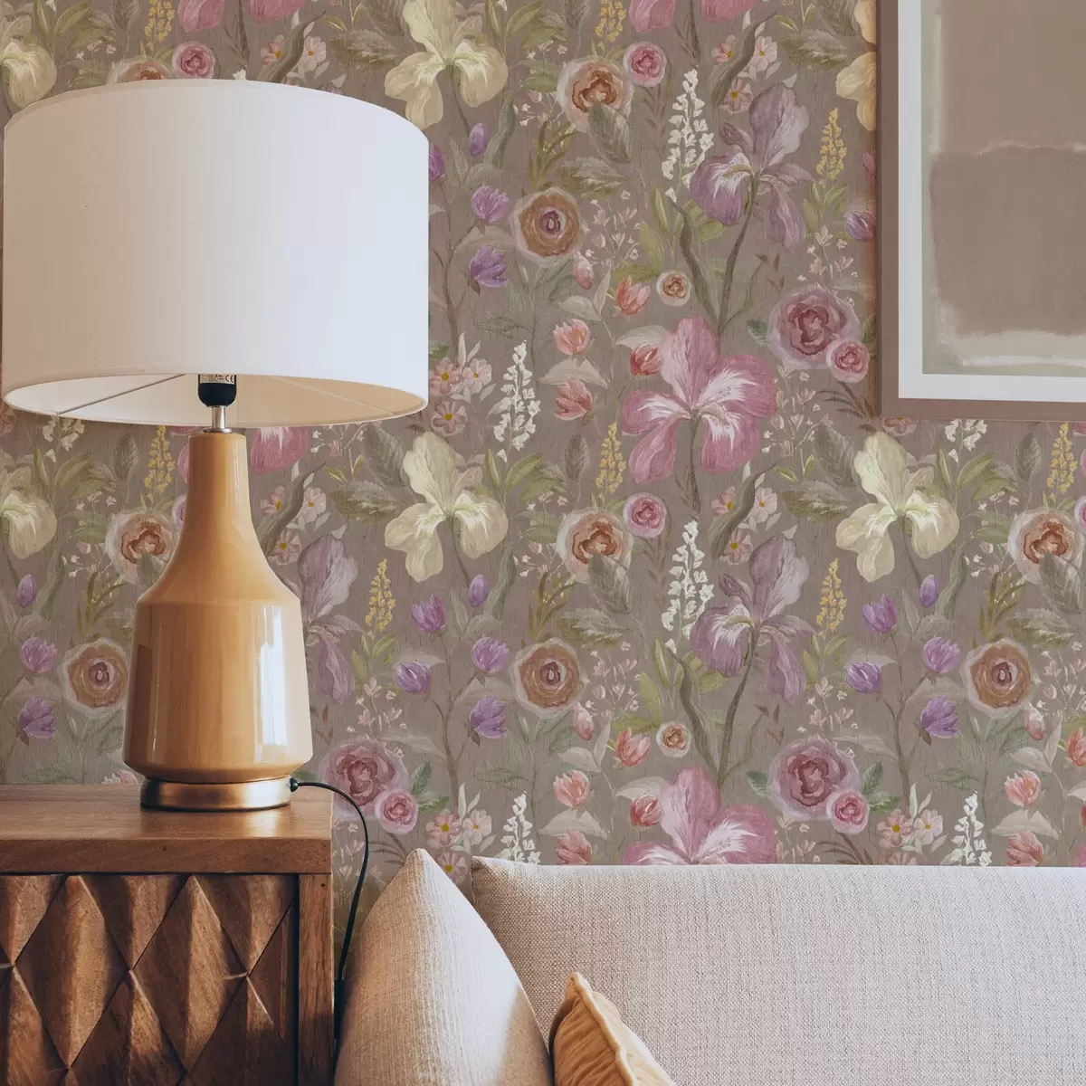 Papel pintado Vintage rosa iris patrón de flores sobre fondo beige con textura a00457