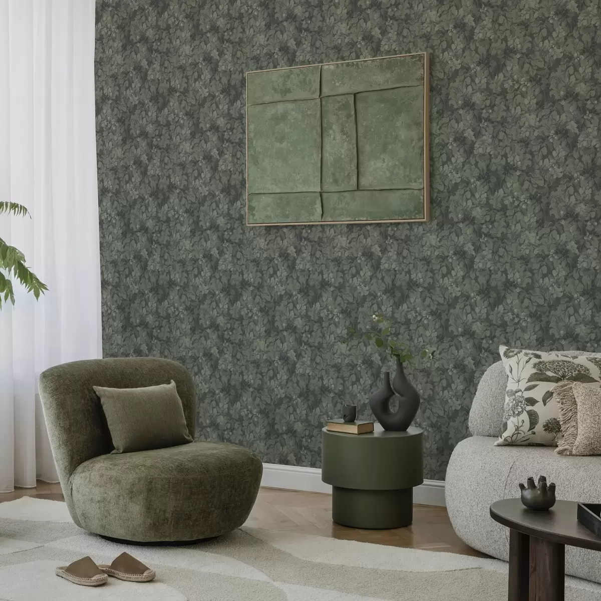 Papel pintado Textura oscura de hojas con bellotas en verde intenso a00461