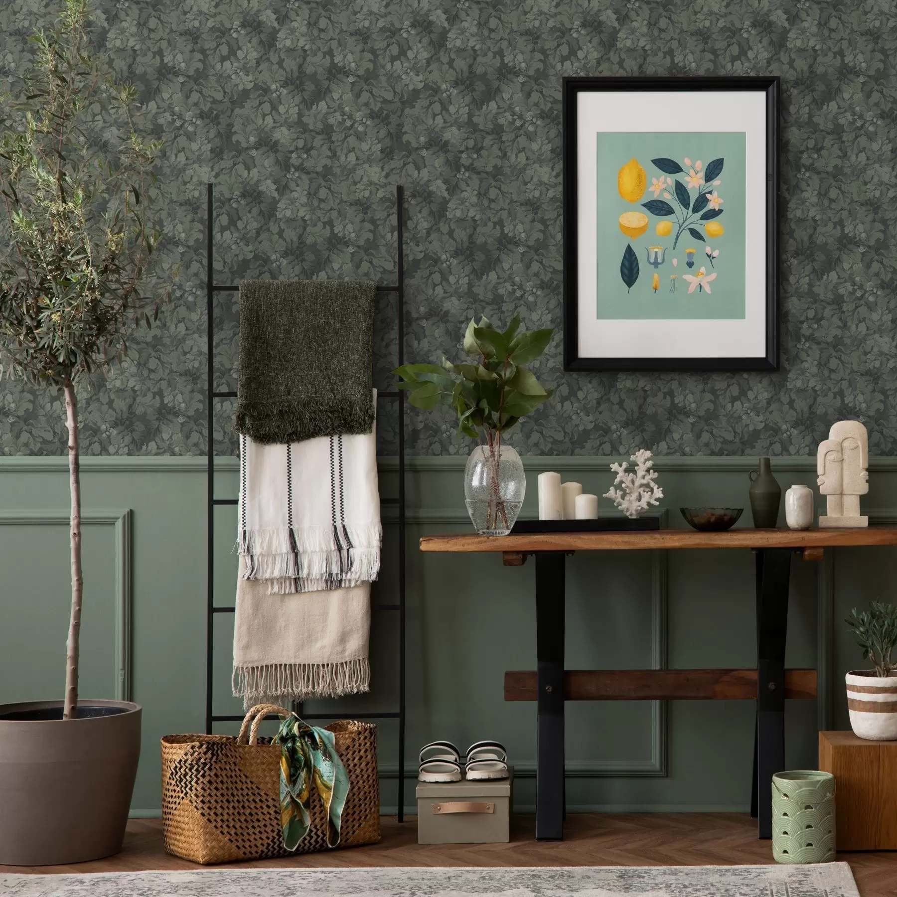 murales de pared Textura oscura de hojas con bellotas en verde intenso a00461