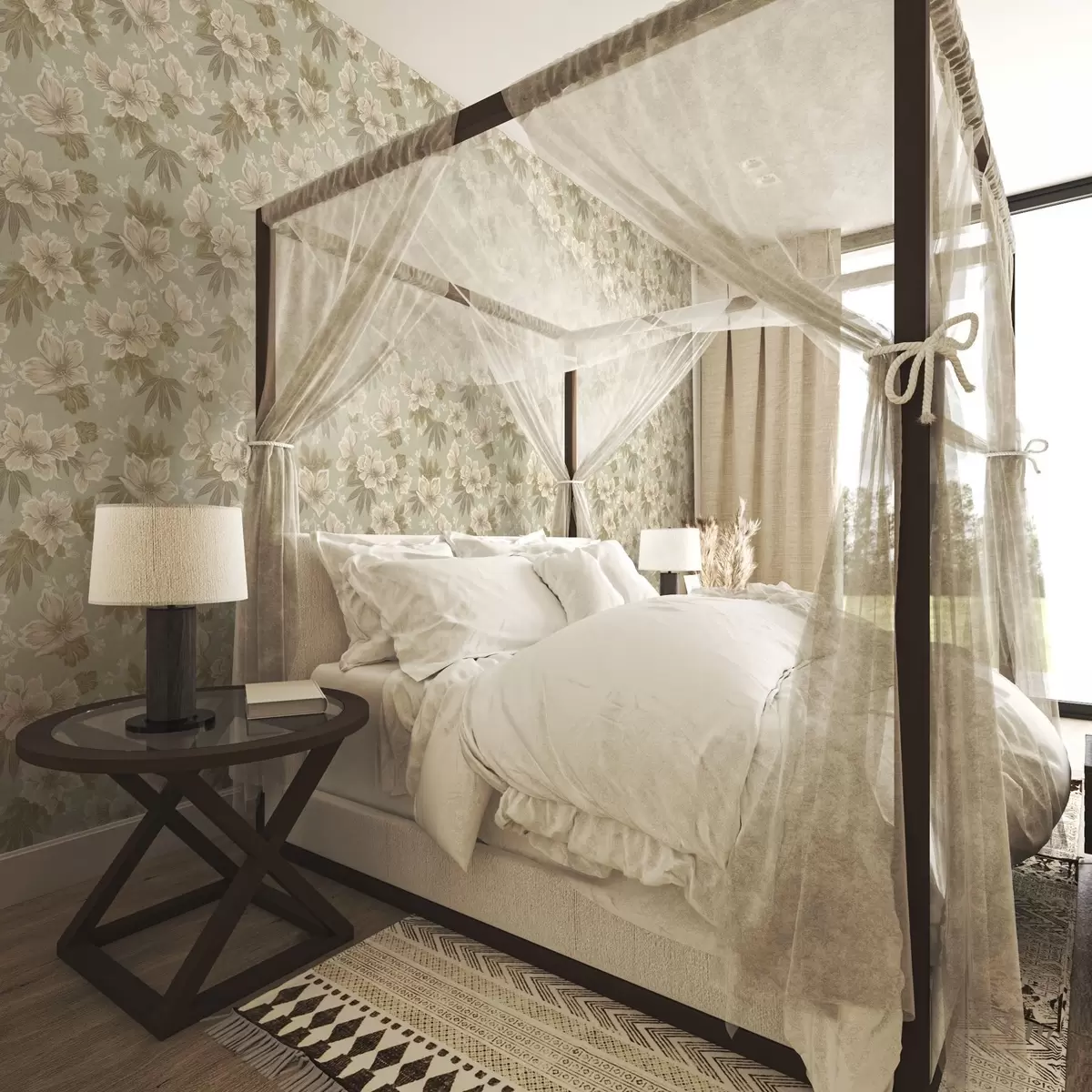 Papel pintado Flores color crema sobre fondo verde oliva a00462