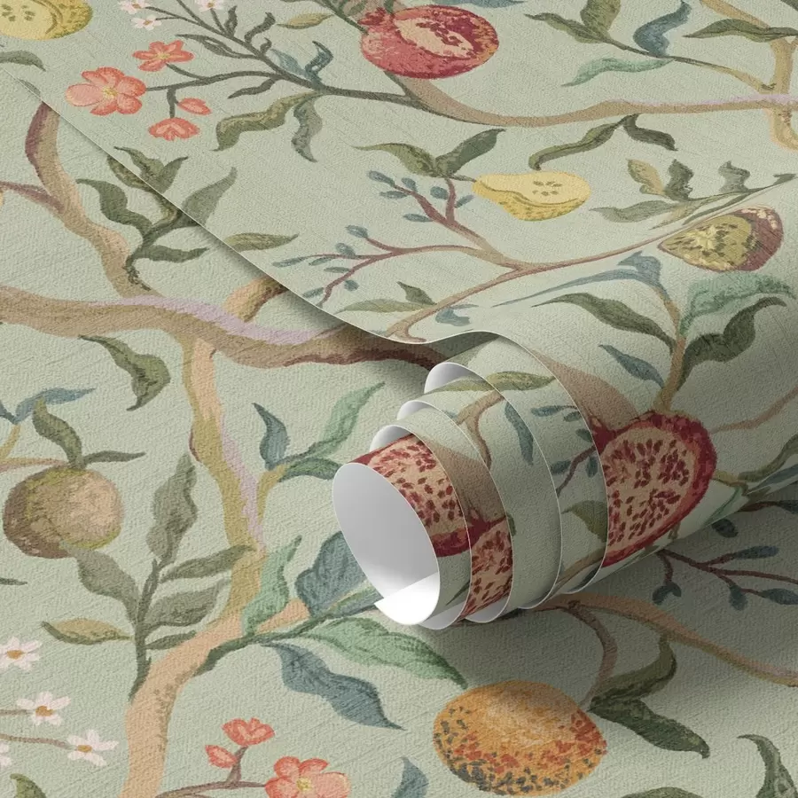 murales de pared Granadas, peras y flores sobre fondo verde pálido a00465