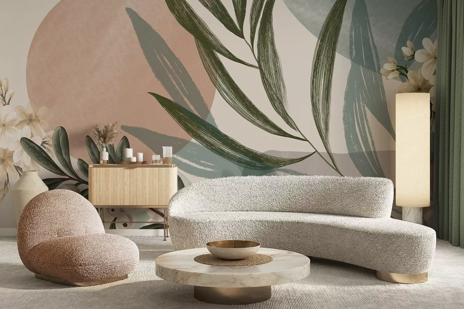 murales de pared Arte botánico abstracto con hojas de palmera verdes y bayas blancas, sobre un fondo de formas en tonos tierra apagados w09312