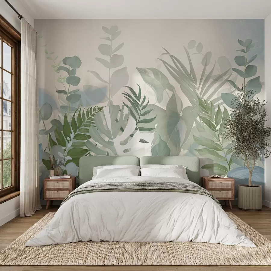 murales de pared Plantas verde pastel helechos, monstera y eucalipto, fondo de textura ligera, iluminación suave, tranquilo , ilustración botánica w09316