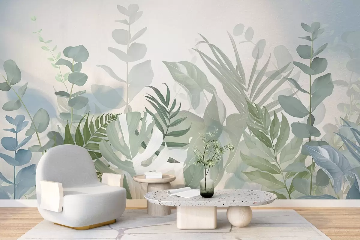 murales de pared Plantas verde pastel helechos, monstera y eucalipto, fondo de textura ligera, iluminación suave, tranquilo , ilustración botánica w09316