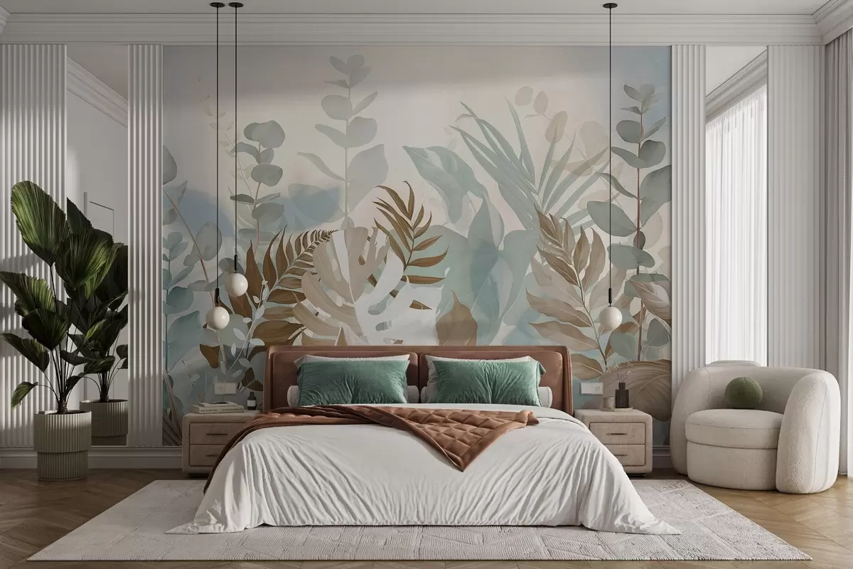 murales de pared Plantas pastel helechos, monstera y eucalipto, fondo de textura ligera, iluminación suave, tranquilo , ilustración botánica w09316v1