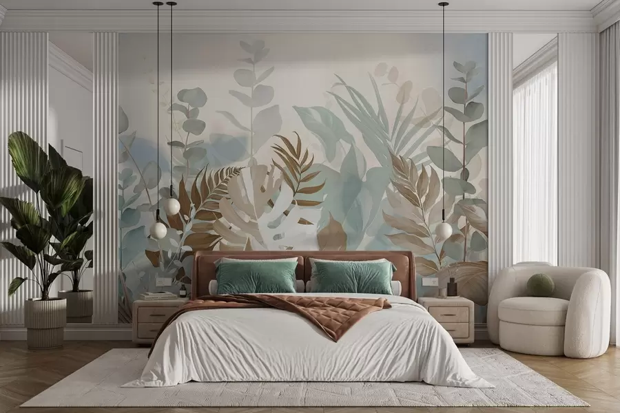 murales de pared Plantas pastel helechos, monstera y eucalipto, fondo de textura ligera, iluminación suave, tranquilo , ilustración botánica w09316v1