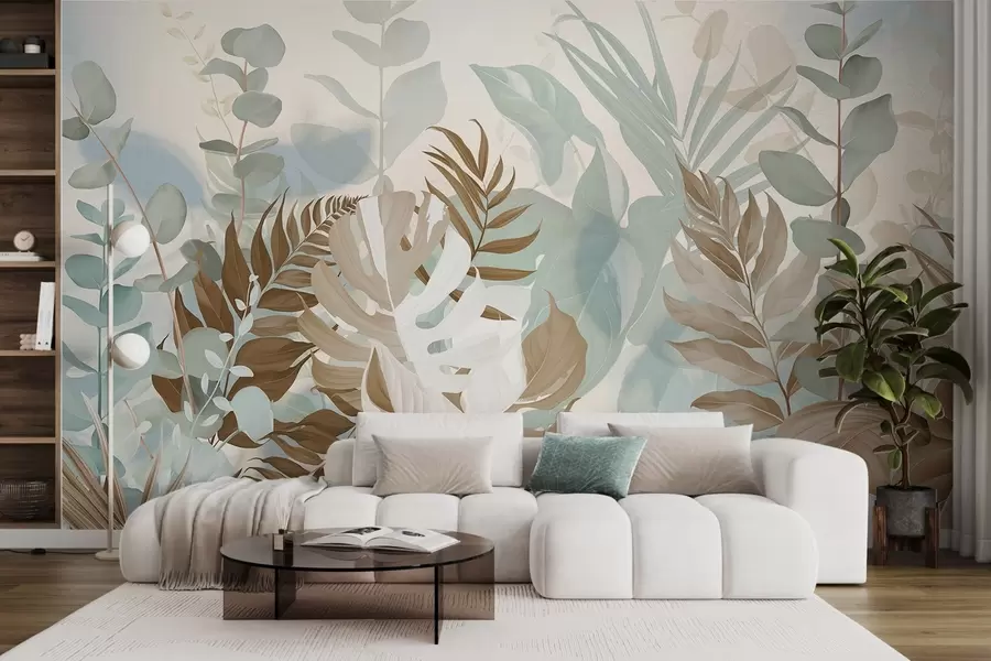 murales de pared Plantas pastel helechos, monstera y eucalipto, fondo de textura ligera, iluminación suave, tranquilo , ilustración botánica w09316v1