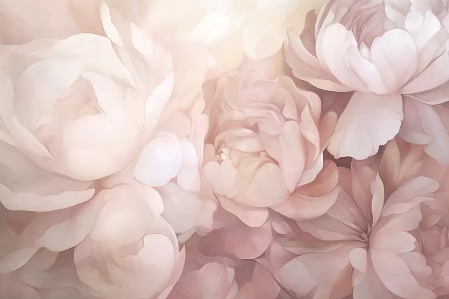 murales de pared Peonías de color rosa pastel claro con delicados pétalos suaves y texturizados, dispuestos muy juntos, creando un denso arte floral, iluminación suave w09319