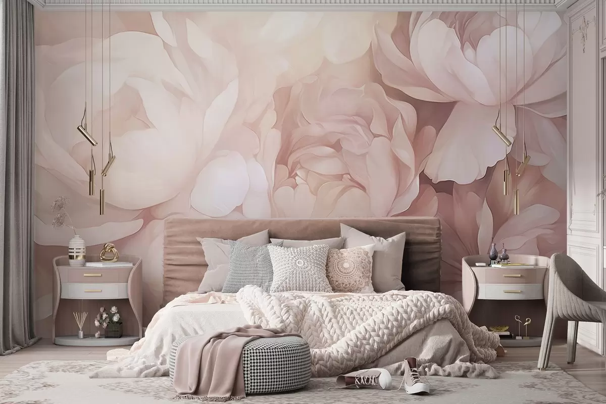 murales de pared Peonías de color rosa pastel claro con delicados pétalos suaves y texturizados, dispuestos muy juntos, creando un denso arte floral, iluminación suave w09319