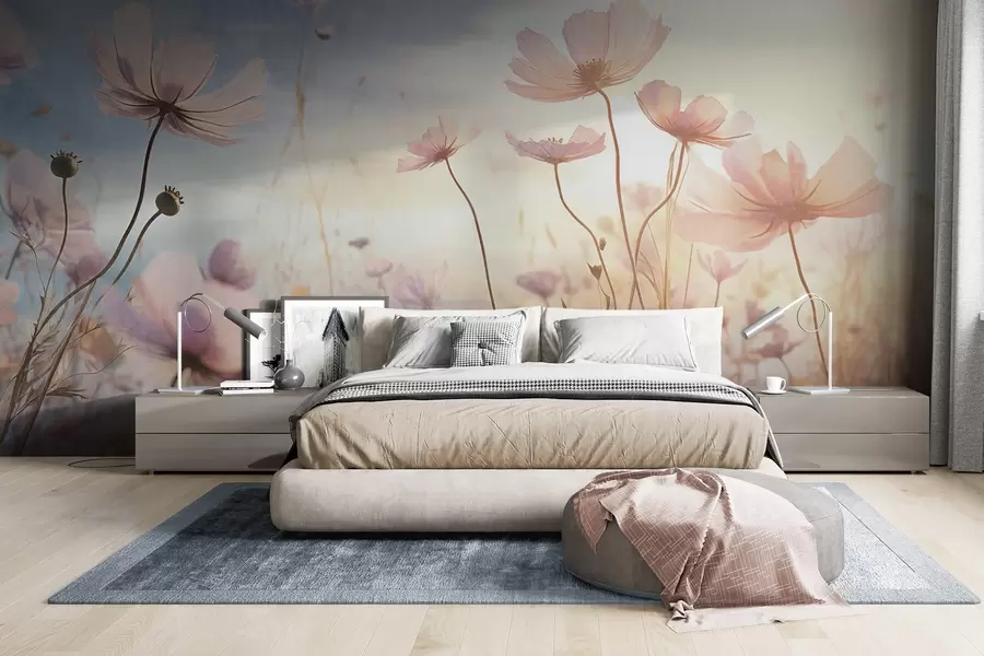 murales de pared Un campo de flores de textura rosa con tallos largos, contra un suave cielo azul y amarillo, creando una atmósfera de ensueño w09320