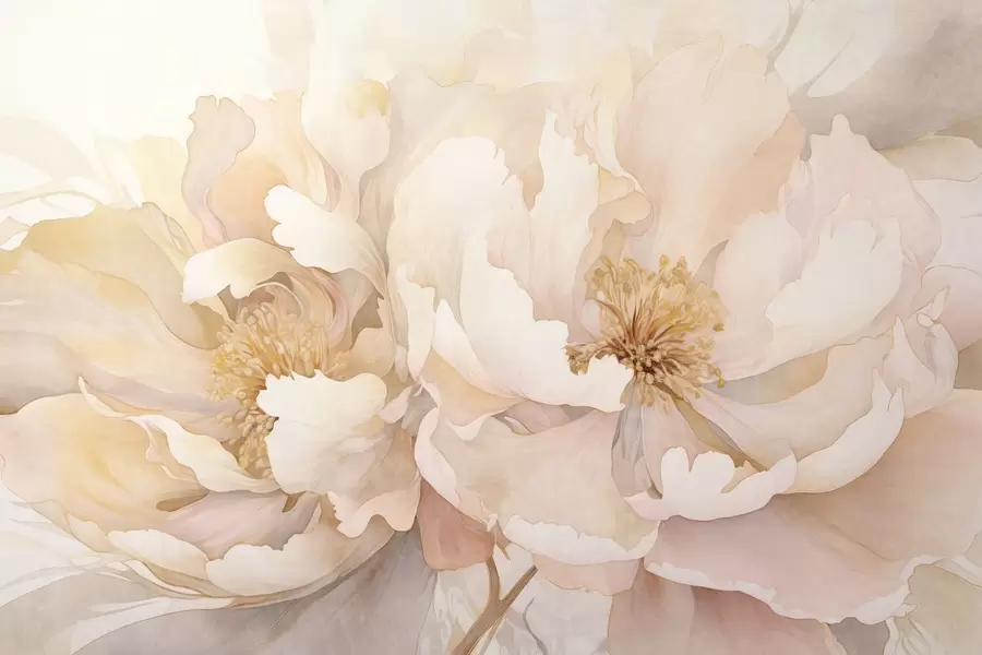 murales de pared Flores con textura de peonía y delicados pétalos en tonos melocotón crema y rosa claro con una suave textura de acuarela w09321
